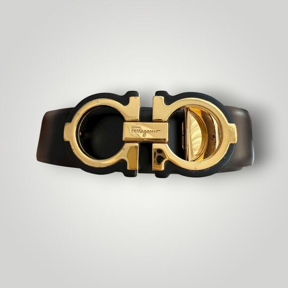 Salvatore Ferragamo Men’s Gancini Belt Black Leather Gold-Tone Buckle - Picture 1 of 9